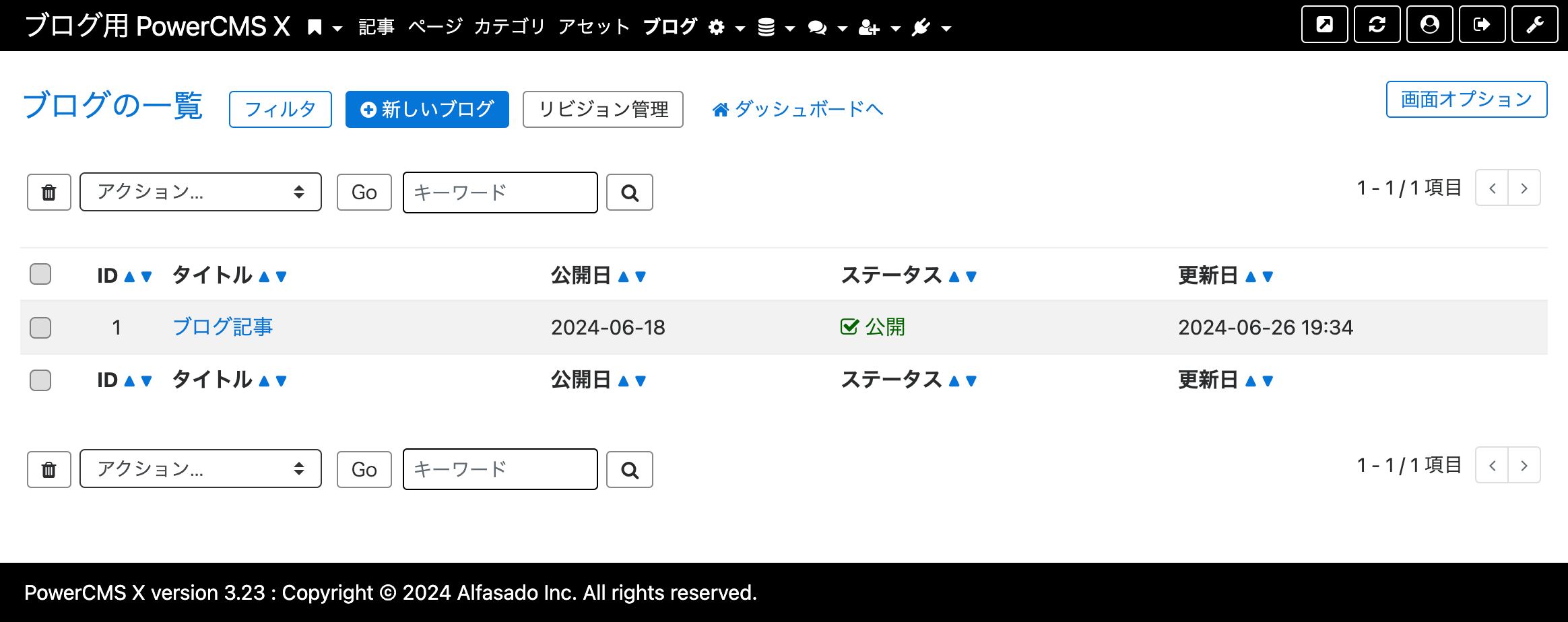 ブログの一覧表示画面