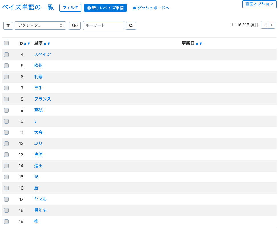 学習した単語一覧の画面キャプチャ：サッカーについて書かれた文章の単語が保存されている